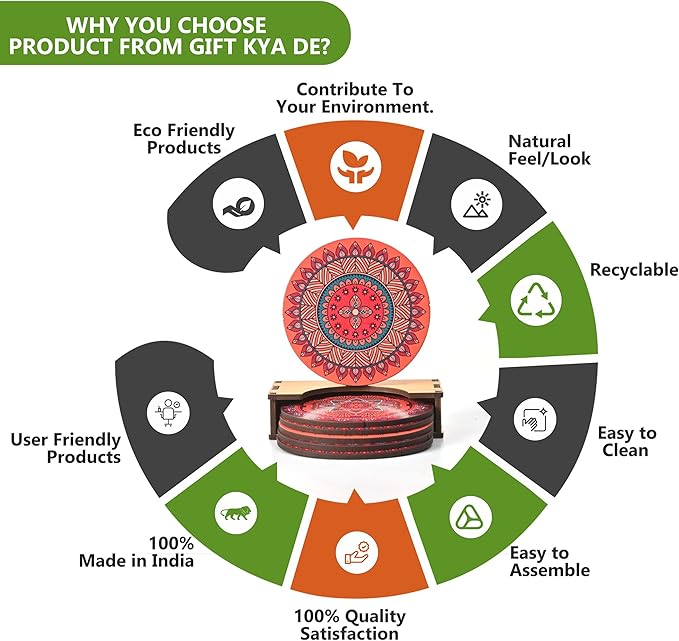 GKD Wooden Coasters for Drinks, Coasters Set of 6 with Holder, 3.5 inches Eco-Friendly Absorbent Coaster for Coffee Table, Bar, Drinking Glasses, Tabletop Protection (1, Rangoli)