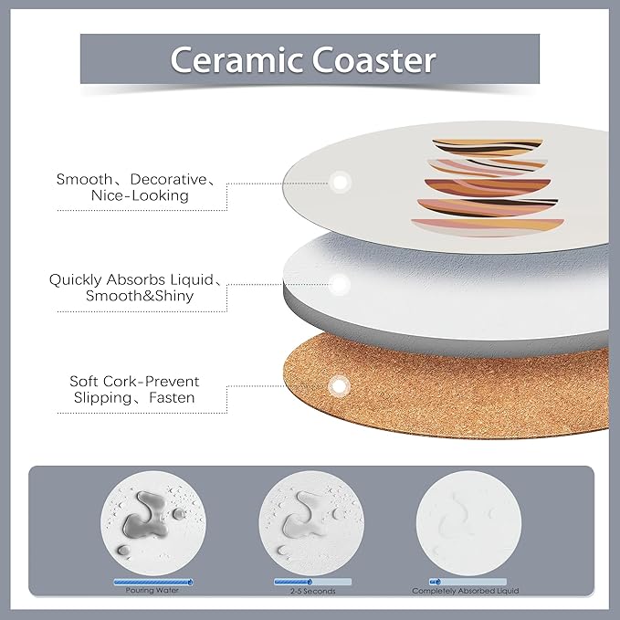 6 Pcs Coasters for Drinks with Holder,Minimalist Geometric Boho Absorbent Coaster with Cork Backing,Great Gift for Housewarming,Room Decor,Bar,Holiday Party