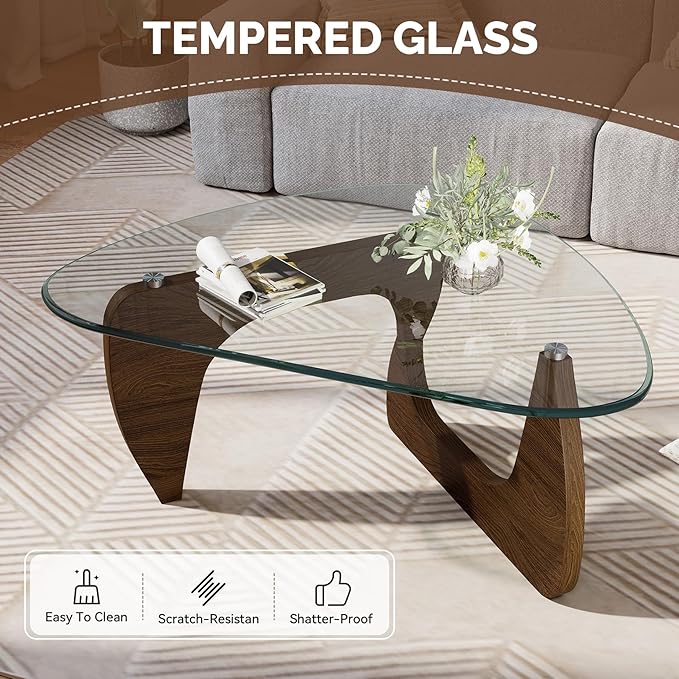 Modern Glass Coffee Table, Triangle Center Table with Tempered Glass Top& Unique Wooden Base, 35.5” Mid Century Tea Tables for Living Room, Apartment, Office,Walnut &Transparent