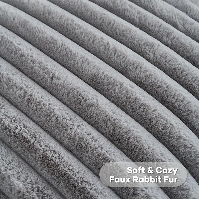 FUTEI Grey Striped Decorative Throw Pillow Covers 16x16 Inch Set of 2,Square Fall Decorations Couch Pillow Case,Soft Cozy Faux Rabbit Fur & Velvet Back,Modern Home Decor for Bed