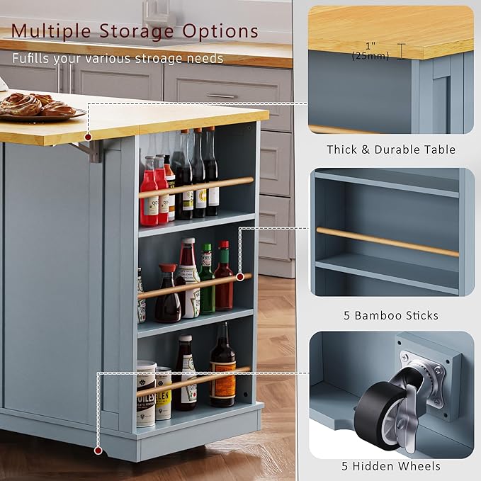 Merax 53" Upgraded Kitchen Cart Island with 2 Bar Stools on Wheels with Power Outlet,Drop Leaf,3 Drawers and 5 Open Side Racks,Wood Rolling Storage Cabinet