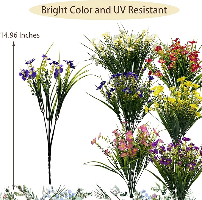 24 Bundles Fake Outdoor Wild Flowers Lifelike UV Resistant Mixed Colors Artificial Flowers for Indoor Outside Hanging Planters Garden Home Office Decor