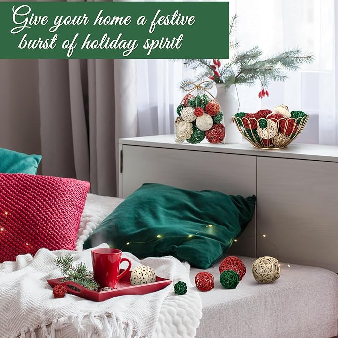 Riceshoot 2 Pack Decorative Balls Potpourri Bowl Filler Decor Natural Vase Bowl Filler Assorted Spherical Rattan Twigs Wicker Balls Cotton for Home Centerpiece(Red, Green, White)