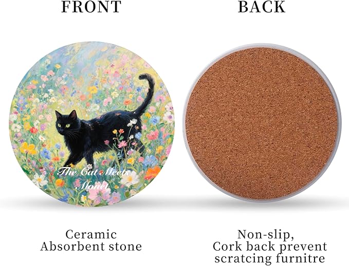 Monet Style Black Cat Ceramic Coasters Set of 6 with Holder - Transform into Wall Art - Home Decor, Kitchen Decor, Coffee Table Decor, Cat Lover Gift, Housewarming Gift