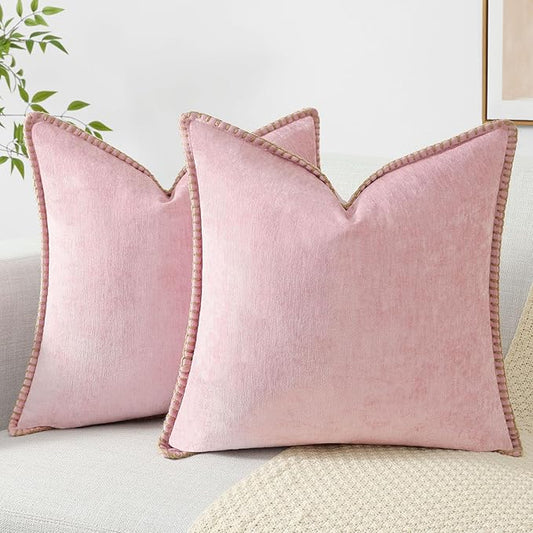 decorUhome Chenille Soft Throw Pillow Covers 16x16 Set of 2, Farmhouse Velvet Neutral Decorative Euro Pillow Covers with Stitched Edge for Couch Sofa Bed Home Decor, Blush Pink