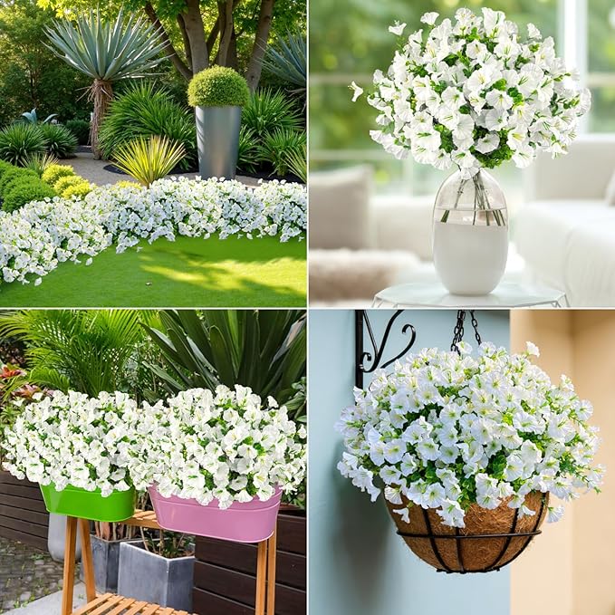 Ouddy Decor 24 Bundles Artificial Flowers for Outdoors Decoration Fake Silk Morning Glory Flowers Faux Eucalyptus Plants UV Resistant for Porch Patio Garden Spring Summer Home Decor, White