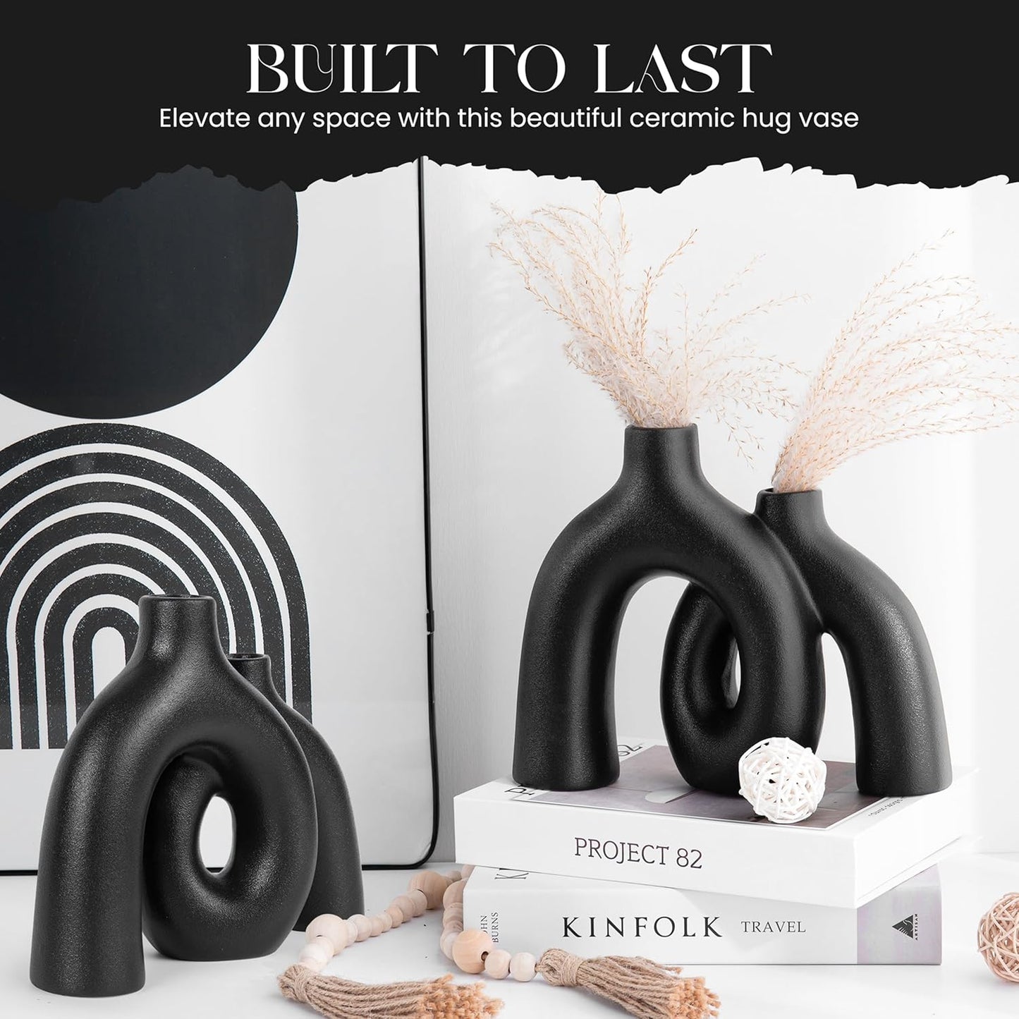 Ceramic Hug Vase (Deep Black) Modern Donut Style Hugging Vases for Flowers Minimalist Decor – Hollow Ceramic Waterproof Home Decor Vases for Living Room, Bed Room, Book Shelf, Entryway Table.
