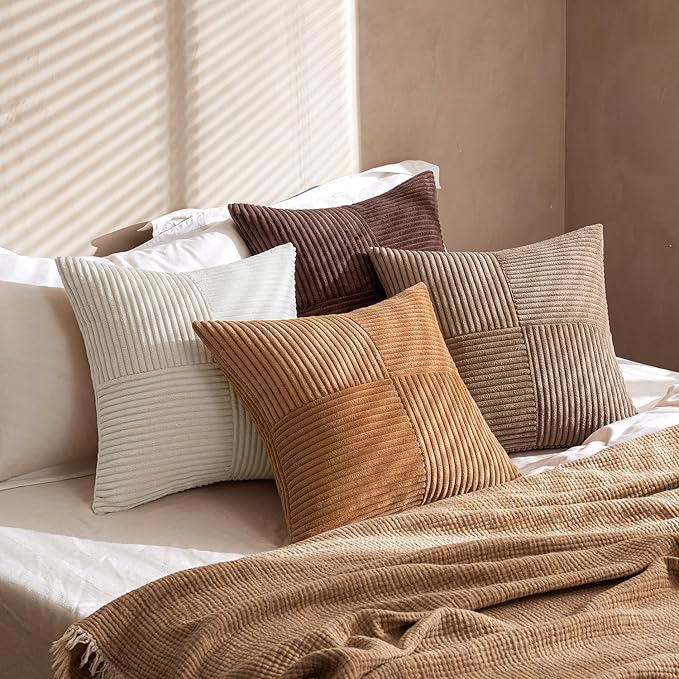 MIULEE Brown Throw Pillow Covers 18x18 Inch Set of 4 Boho Farmhouse Cushion Cases Neutral Gradient Corduroy Pillow Cases with Invisible Zipper Patchwork Home Decor for Couch Sofa Bed