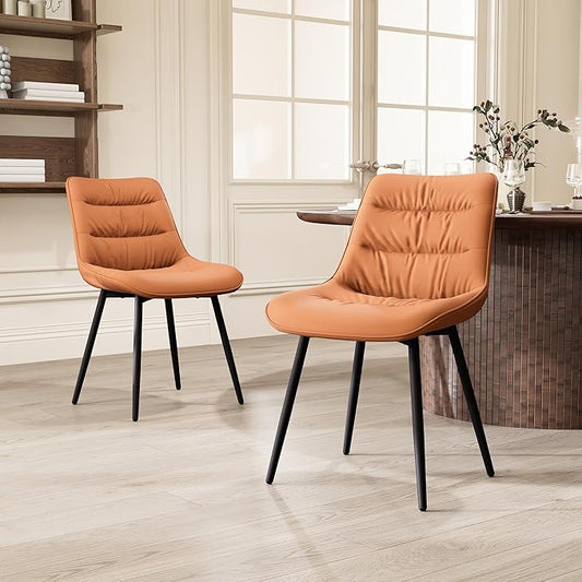 Kidol & Shellder Dining Chairs Set of 2, Modern Upholstered Faux Leather Kitchen Side Chairs with Comfortable Back - Mid-Century Armless Chair for Dining living Room Bedrooms, with Metal Legs (Orange)