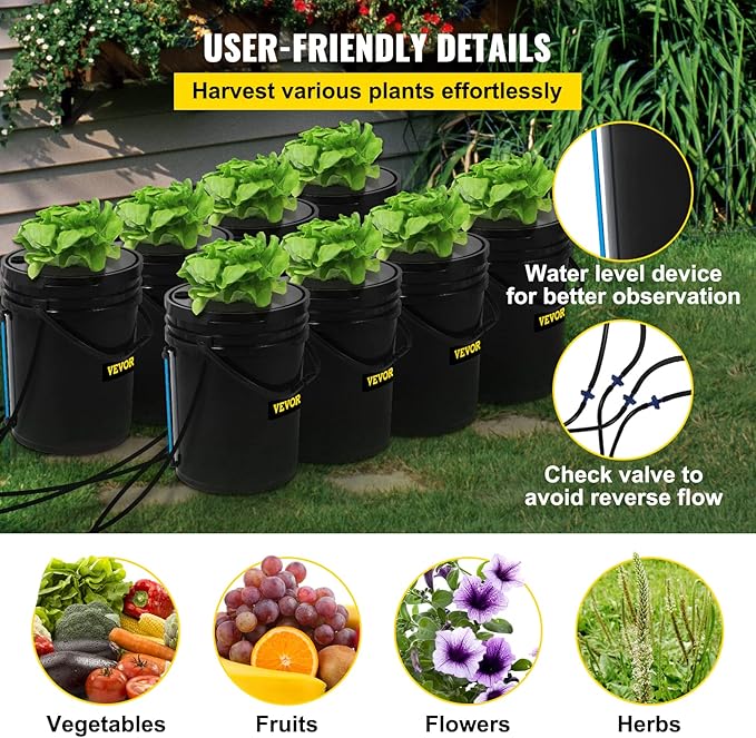 VEVOR DWC Hydroponic System, 5 Gallon 8 Buckets, Deep Water Culture Growing Bucket, Hydroponics Grow Kit with Pump, Air Stone and Water Level Device, for Indoor/Outdoor Leafy Vegetables