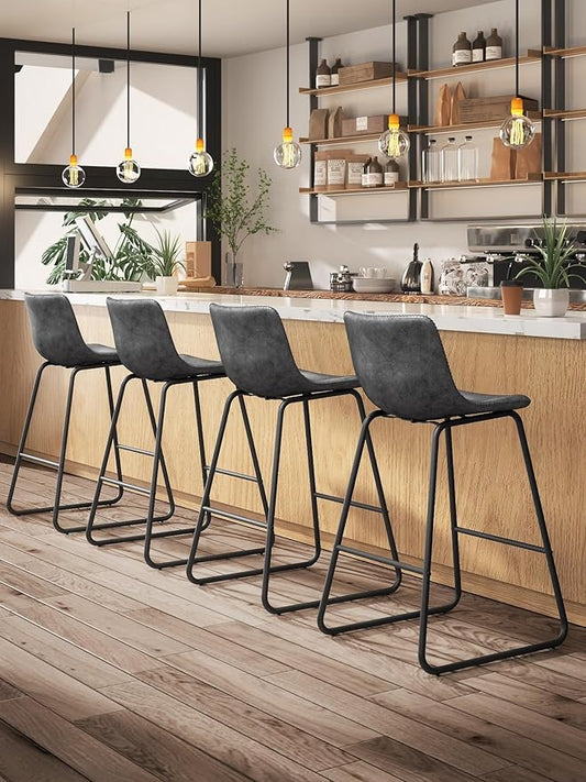 Bar Stools Set of 6, 26 Inches Counter Height Bar Stools with Back, Modern Faux Leather Barstools with Metal Legs and Footrest, Bar Chairs for Kitchens Island (Gray)