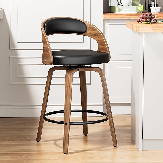 Swivel Bar Stools, 26" Upholstered Counter Height Bar Stools with Bentwood Legs and Low Back, Mid Century Modern Faux Leather Bar Chairs for Kitchen Island, Dining Room, Black