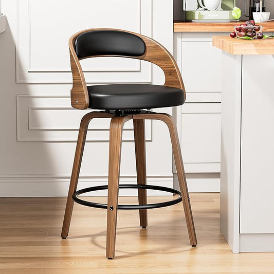 Swivel Bar Stools, 26" Upholstered Counter Height Bar Stools with Bentwood Legs and Low Back, Mid Century Modern Faux Leather Bar Chairs for Kitchen Island, Dining Room, Black