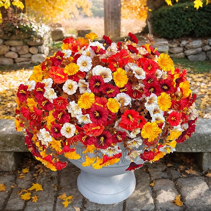 Artificial Fall Flowers for Outdoor, Fake Petunias Plants, Faux Flower, Fake Mums, 4PCS Fall Outdoor Decoration, UV Resistant, Silk Morning Glorias, for Home Garden Porch Planter (Deep Autumn)