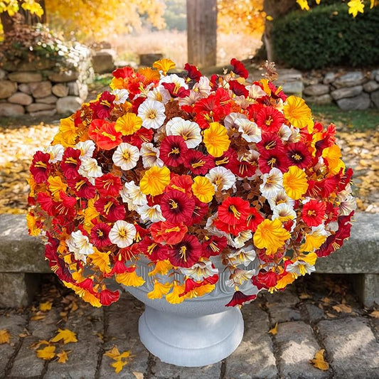 Artificial Fall Flowers for Outdoor, Fake Petunias Plants, Faux Flower, Fake Mums, 4PCS Fall Outdoor Decoration, UV Resistant, Silk Morning Glorias, for Home Garden Porch Planter (Deep Autumn)