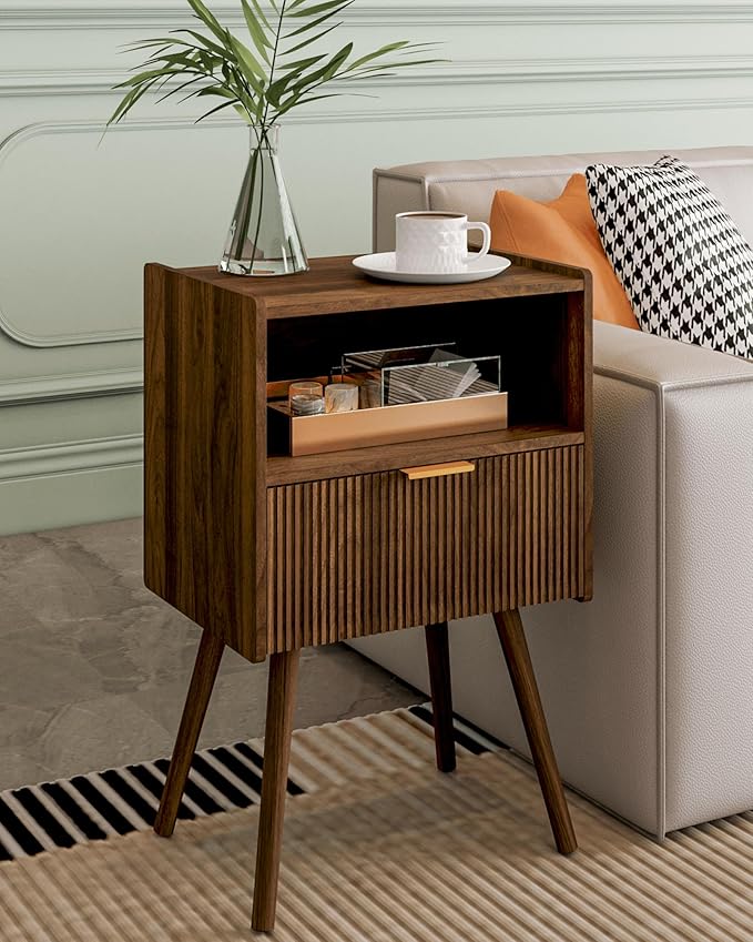 Nightstand,Modern Bedside Table with Storage Drawer and Open Wood Shelf, Accent Night Stand with Solid Wood Legs for Living Room, Bedroom and Small Spaces,Easy Assembly (Walnut Brown)