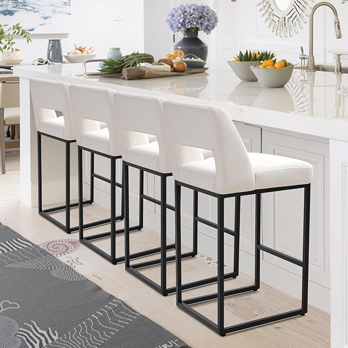 Black and White Counter Height Bar Stools Set of 4 for Kitchen Counter Modern Bar Chairs with Backs for Kitchen Island with Upholstered Fabric Seat and Metal Frame, 26 Inch