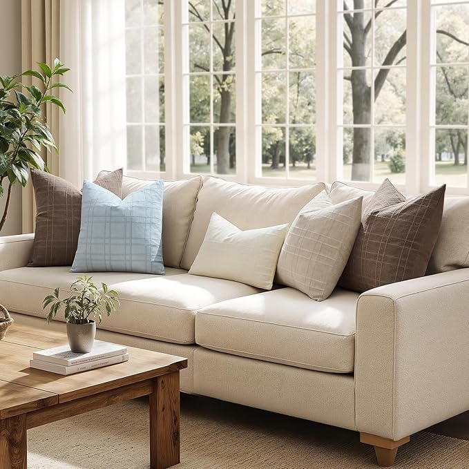 MIULEE Decorative Linen Check Throw Pillow Covers Neutral Farmhouse Vintage Pillow Covers 16x16 Set of 2 Boho Modern Home Decor for Sofa Couch Bedroom Cushion Coastal Blue