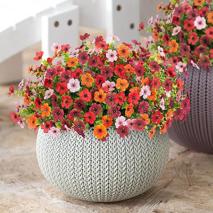 Fall Mums Artificial Flowers for Outdoors Potted, 12 Bundles Fake Fall Daisy Flower with Realistic Eucalyptus Leaves, Fake Plants for Greenery Boxwood Porch Patio Garden Pot Courtyard