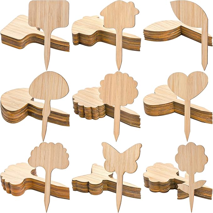 Elsjoy 90 Pack Bamboo Plant Labels, 9 Styles Cute Plant Tags Garden Markers, Wooden Garden Labels for Seeds, Herbs, Vegetables, Gifts