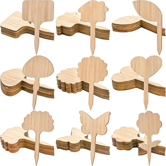 Elsjoy 90 Pack Bamboo Plant Labels, 9 Styles Cute Plant Tags Garden Markers, Wooden Garden Labels for Seeds, Herbs, Vegetables, Gifts
