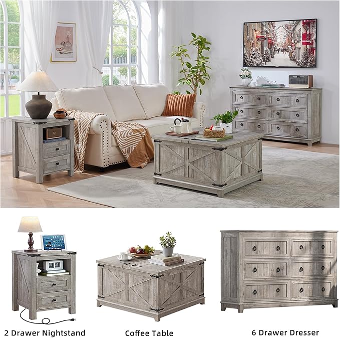 Nightstand with Charging Station and USB Port, Farmhouse Night Stand with 2 Drawers and Shelf Storage, Wooden Side End Table, Bedside Cabinet for Bedroom, Living Room, Closet,Office (Grey)