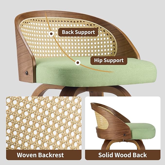 26 inch Swivel Bar Stools with Back, Set of 2 Modern Walnut Bar Chairs, Green Textured Fabric Upholstered Counter Height Stools with Rattan Back for Kitchen Island & Dining Room