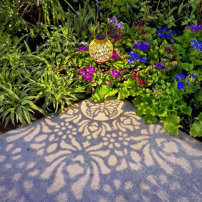 Outdoor Solar Hanging Lantern Lights Metal LED Decorative Lamp for Garden Patio Courtyard Lawn and Table with Hollowed-Out Design (Sunset Blaze)