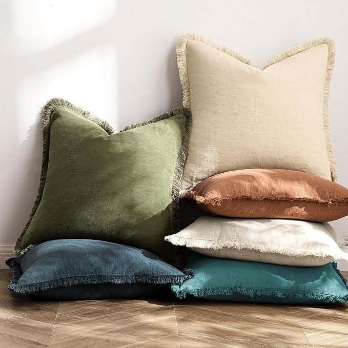 MIULEE Decorative Throw Pillow Covers Neutral Linen Fringe Throw Pillows Set of 2 Teal Boho Farmhouse Cushion Covers with Tassels for Couch Sofa Bed Living Room Spring Home Decor 20x20 Inch