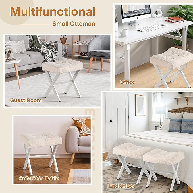 18-Inch Large Vanity Stool Chair, Vanity Bench with Metal X-Legs, Ottoman Accent Stool with Breathable and Soft Boucle Fabric Saddle Seat, Beige