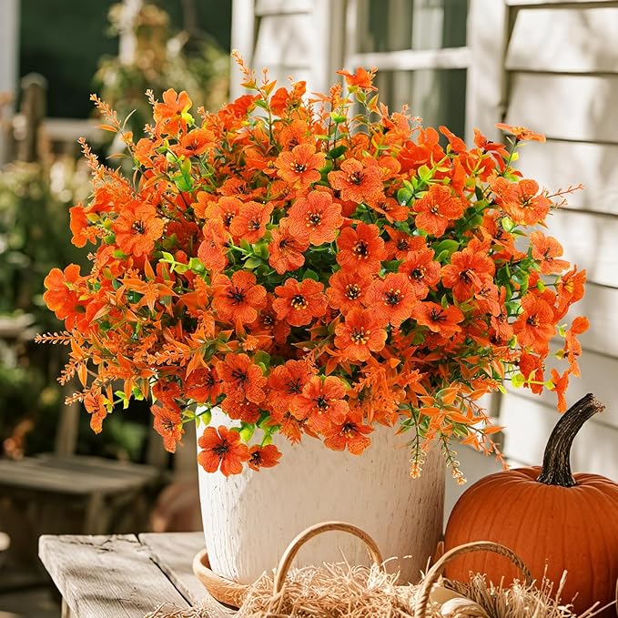 SHareconn 24 Bundles Artificial Fall Flowers for Outdoors Decoration, UV Resistant Silk Eucalyptus Lavender Faux Autumn Fake Plants for Outside Indoor Garden Yard Porch Home Decor, Orange