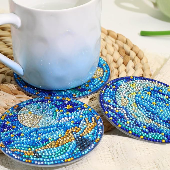 8 PCS Moon Diamond Art Coasters Kits, Diamond Painting Coasters with Holder Set of 8, DIY Drink Coasters Art Crafts Supplies for Adults Cup Mat for Home Decor House Warming Gifts Non-Slip 3.9inch