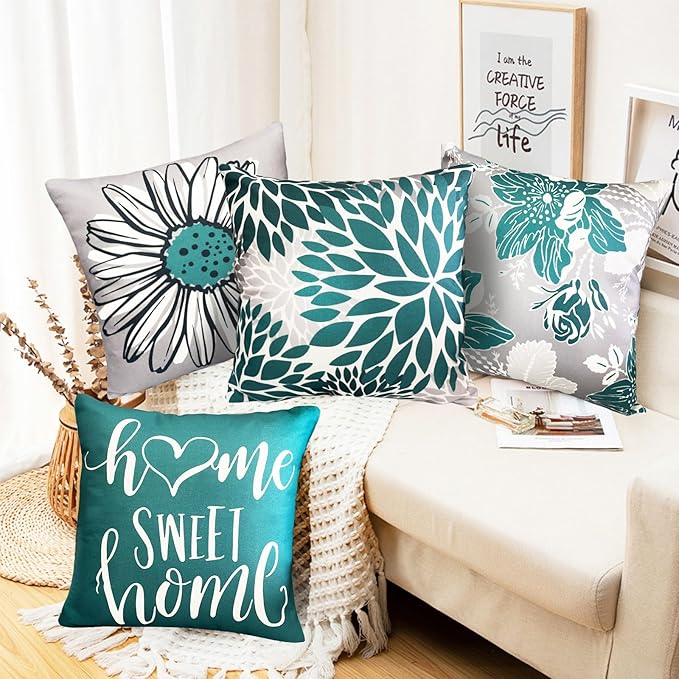 Decorative Throw Pillow Covers Set of 4 Green Pillow Covers 18x18 inch Farmhouse Throw Pillow Cover Linen Square Pillowcase Cushion Cases, Boho Pillow Covers for Couch Sofa Outdoor Home