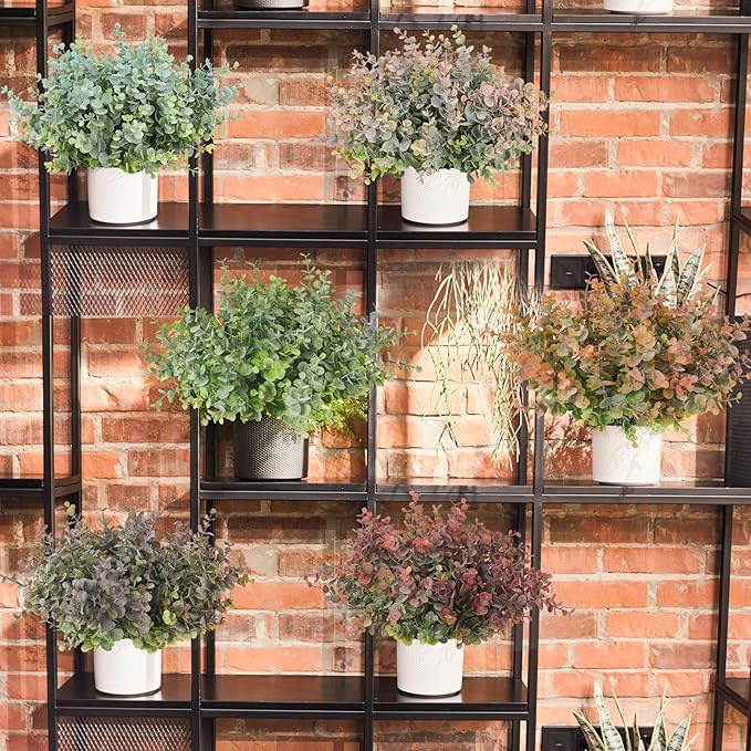 RECUTMS 8 Bundles Artificial Greenery Plants Stems Outdoor Fake Eucalyptus Plants Boxwood Bushes for Farmhouse Bathroom Office Vase Centerpiece Indoor Outdoor Decoration(Dusty Blue)