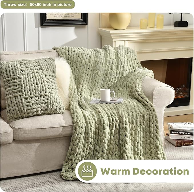 Soft Chunky Knit Blanket, 40X50 Inch Handmade Thick Chenille Yarn Throw Without Shedding & Raveling, Aesthetic & Cozy Home Decor with Couch Sofa Bed, Gift Pack, Sage Green
