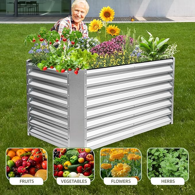 4x2x2ft Raised Garden Bed - Galvanized Deep Root Planter Boxes Outdoor with Wing Nuts and Safety Edges for Gardening Vegetables, Flowers, Herbs, Succulents - Silver