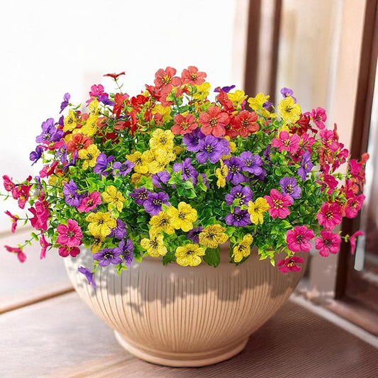 16 Bundles Artificial Flowers Outdoor Spring Summer Decoration Fake Silk Colorful Daisy Eucalyptus Realistic UV Outside Faux Plants for Garden Porch Window Box Home Decor(Red Yellow Pink Purple)