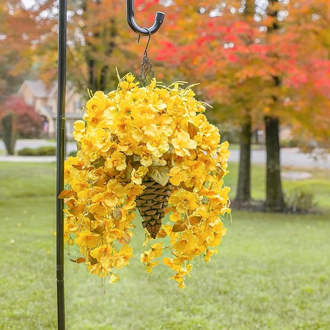Artificial Fake Fall Hanging Flowers Plants Baskets for Outdoor Decoration, 5Pcs Faux Silk Hibiscus Long Vines in Planter UV Resistant Realistic Flower for Outside Home Porch Patio Garden, Fall Yellow