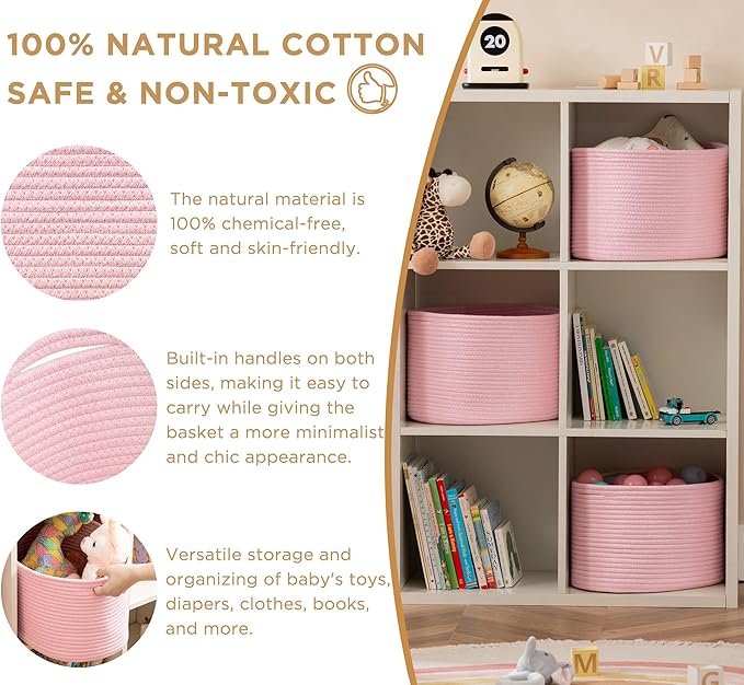 UBBCARE 3-Pack Woven Rope Shelf Baskets - 15x10x9in Decorative Storage Basket for Toys, Kids Playroom, Closet Organization & Cube Storage Organizer | Gift Basket Empty, Pink