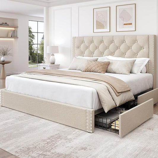 LARMACE Queen Size Bed Frame with 4 Storage Drawers and Tufted Headboard Linen Upholstered Platform Bed Frame with Heavy Duty Wood Slats, No Box Spring Needed, Easy Assembly, Beige