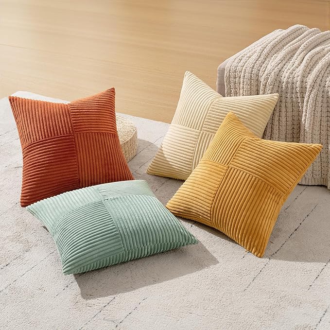 MIULEE Teal-Orange Decorative Throw Pillow Covers 20x20 Inch Set of 4 Boho Corduroy Striped Cushion Cases Modern Farmhouse Patchwork Pillow Cases for Couch Sofa Bedroom Fall Home Decor