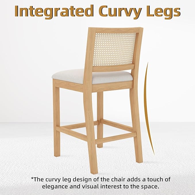 Westice Rattan Bar Stools Set of 6, 26" Farmhouse Counter Height Stools with Natural Rattan Back and Wood Frame, Upholstered Line Fabric Seat Cushion, Wooden Stools for Kitchen Island/Pub, Natural