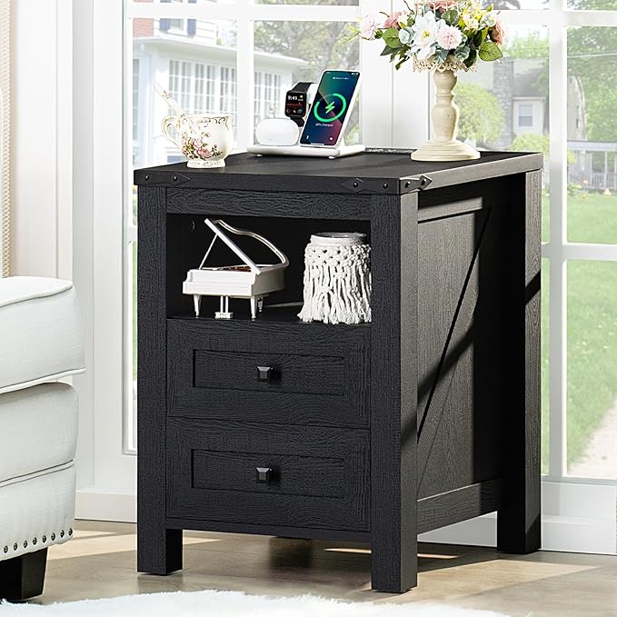 Nightstand with Charging Station, Farmhouse Night Stand with 2 Drawers and Shelf Storage, Wooden Side End Table, Bedside Cabinet for Bedroom, Living Room, Closet, Office (Black)