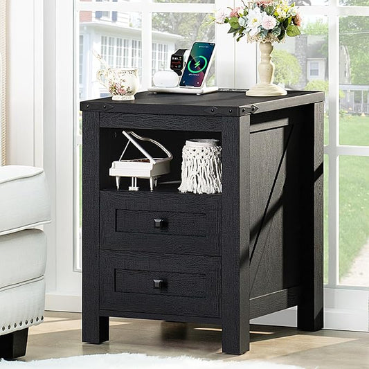 Nightstand with Charging Station, Farmhouse Night Stand with 2 Drawers and Shelf Storage, Wooden Side End Table, Bedside Cabinet for Bedroom, Living Room, Closet, Office (Black)