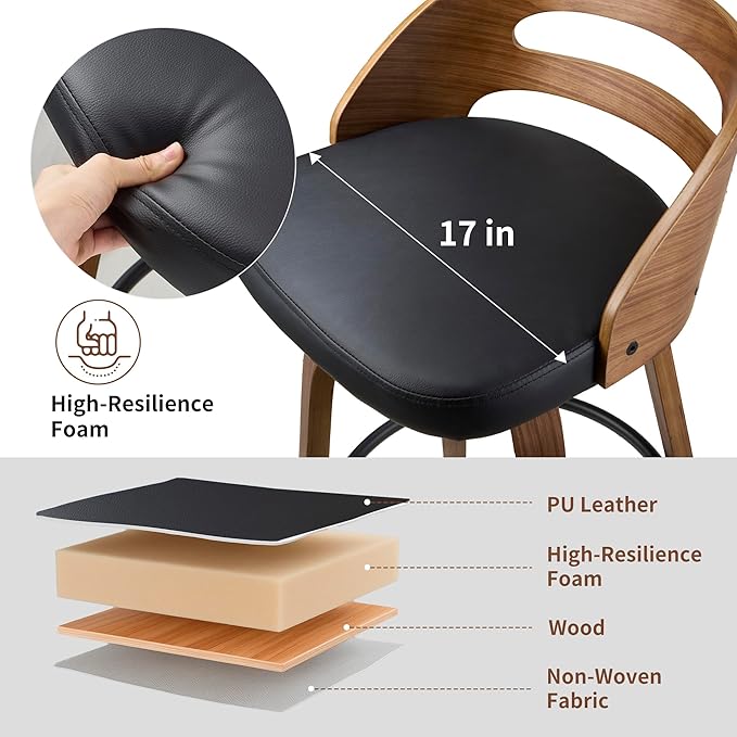 Swivel Bar Stools Set of 2, 26 Inch Counter Height Chairs with Walnut Wood Frame and Black Leather, Low Back, Footrest & Easy-Clean Design for Kitchen, Bar, or Dining Area