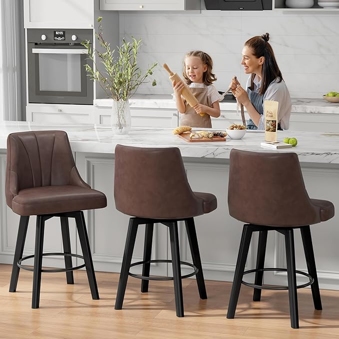 Counter Height Swivel Bar Stool, 24" Upholstered PU Leather Barstools Set of 2, Counter Stool Chair with Back & Solid Wood Legs for Kitchen Island Dining Room (Brown)