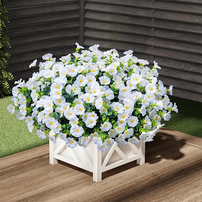 Artificial Outdoor Flowers 16 Bundles Fake Morning Glory Flower Outdoor UV Resistant Plastic Faux Flowers Plants for Decoration Indoor Outdoor Hanging Window Box Planter Home Porch Decor (White)