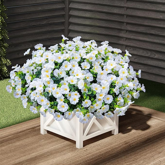 Artificial Outdoor Flowers 16 Bundles Fake Morning Glory Flower Outdoor UV Resistant Plastic Faux Flowers Plants for Decoration Indoor Outdoor Hanging Window Box Planter Home Porch Decor (White)