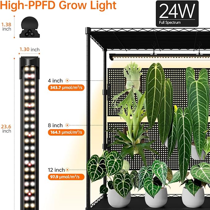 Bstrip Plant Shelf with Grow Light & 4 Pegboard, Metal Plant Stand with Adjustable Rack and Wheels, 4 x 24W Full Spectrum Grow Light Strip for Indoor Plants, Foliage Plants, Seedling, 35.4"x13.8"x71"