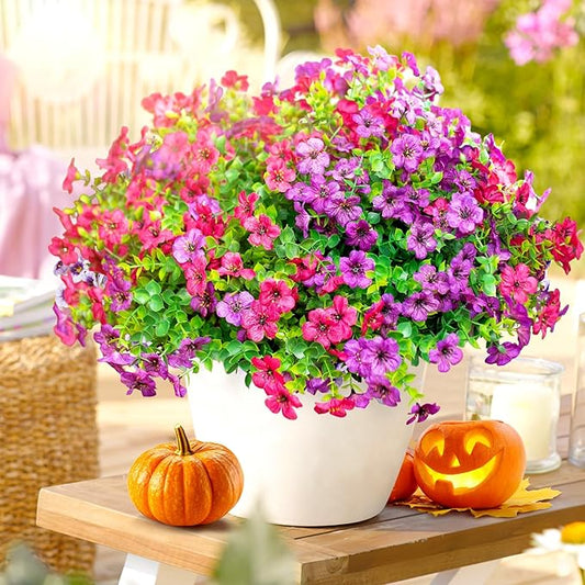 Artificial Flowers for Outdoors,Faux Flowers Daisy with Eucalyptus Leaves for Indoor Garden Home Decoration,UV Resistant Artificial Flower Fake Plants for Porch Patio, 12 Bundles (Purple Pink)